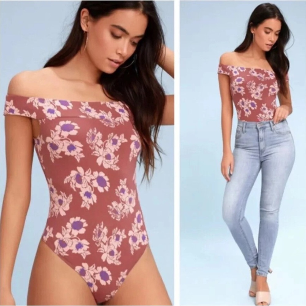 FREE PEOPLE OFF THE SHOULDER FLORAL PRINT BODYSUIT TERRA‎ COTTA Boho Cottagecore
